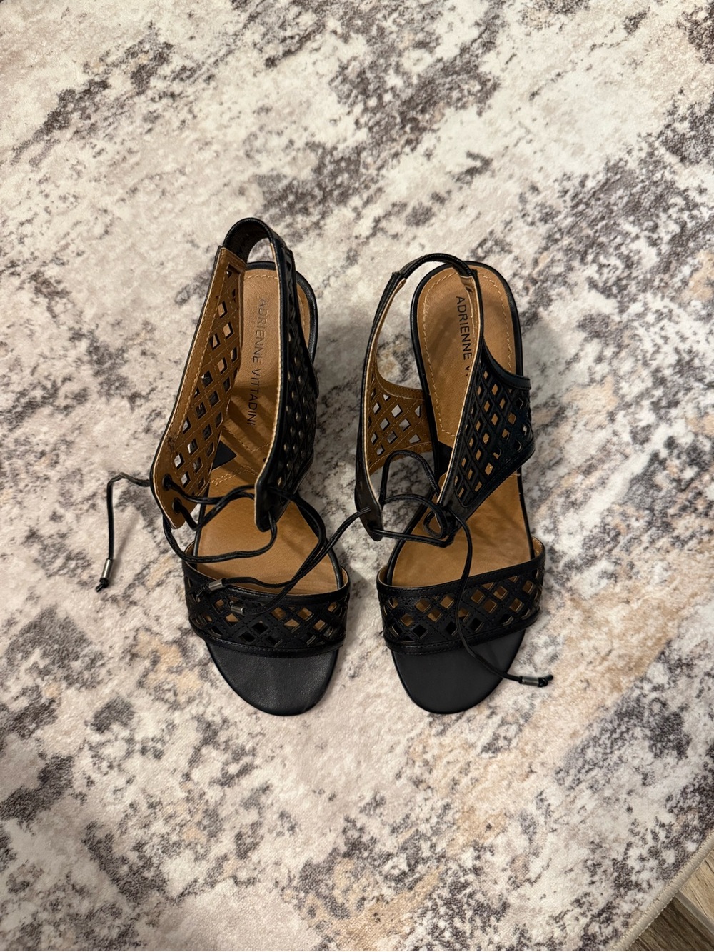Adrienne Vittadini Black Laser-Cut Lace-Up Sandals with Tan Insole